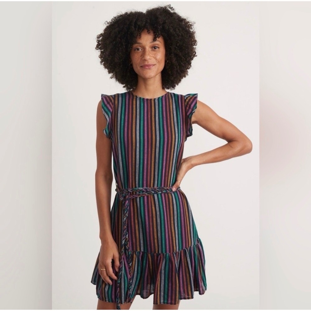 Marine Layer Laney Multi Color Striped Ruffle Mini Dress Linen Blend Women's S